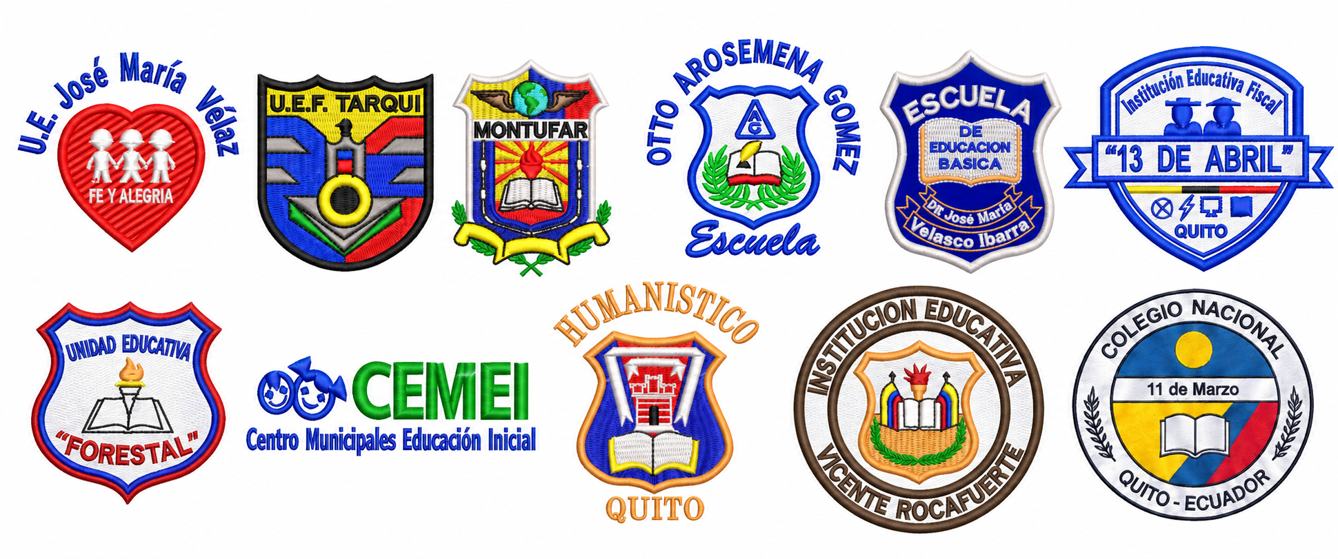 Logos bordados de José María Vélaz, Tarqui, Montúfar, Otto Arosemena Gómez, Velasco Ibarra, 13 de Abril, Forestal, CEMEI, Humanístico Quito, Vicente Rocafuerte y 11 de Marzo